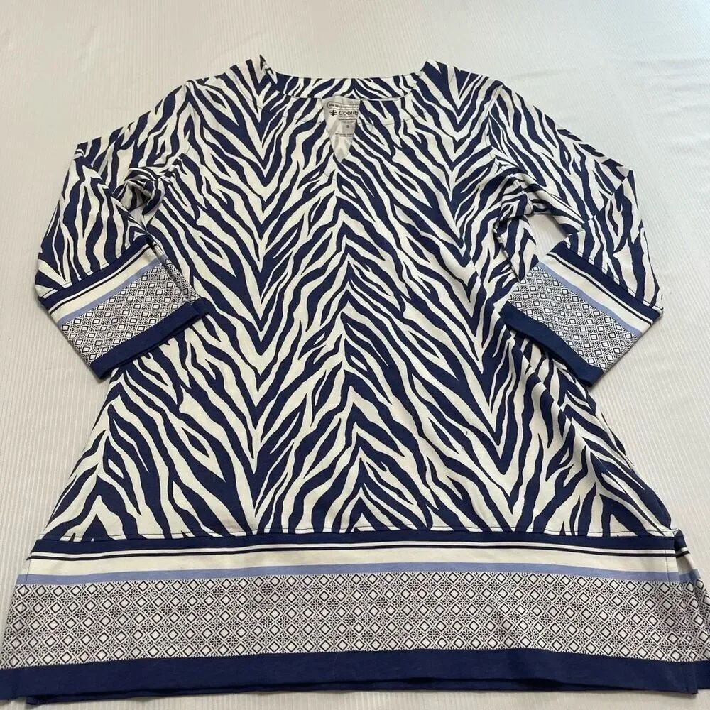 Coolibar UPF 50+ Navy Blue White Zebra St. Lucia Tunic Top Size Small